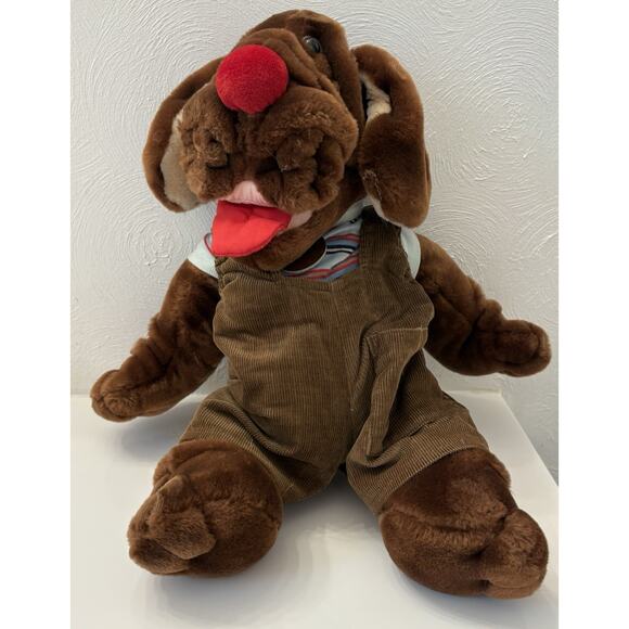 Ganz Brothers “Wrinkles” Dark Brown Dog Puppet 5139482 Brown Corduroy Overalls - Picture 1 of 10